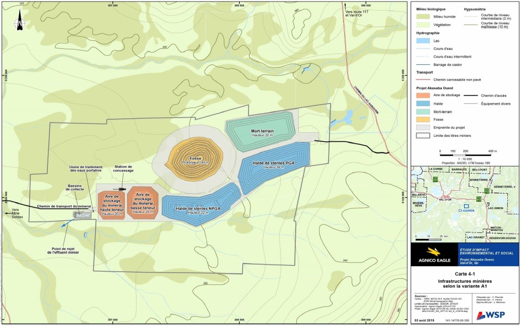 Figure 5 : Variante A1 d'emplacements et de configurations des aires d'accumulation des roches stériles, dépôts meubles et minerai