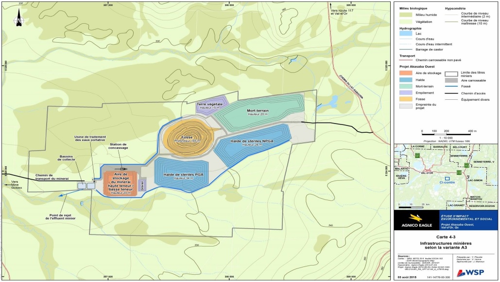 Figure 7 : Variante A3 d'emplacements et de configurations des aires d'accumulation des roches stériles, dépôts meubles et minerai