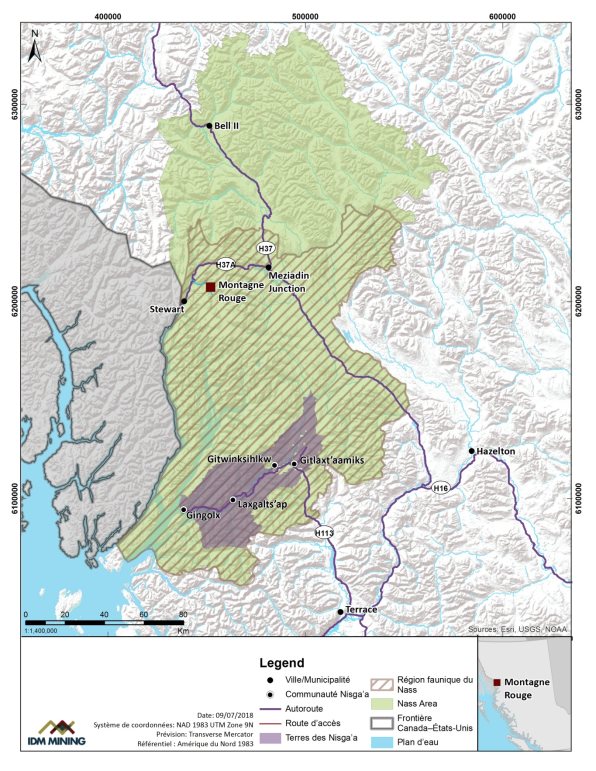 Figure 5: Carte du Projet, des Terres Nisga'a, de la Région Faunique du Nass et de la Région du Nass