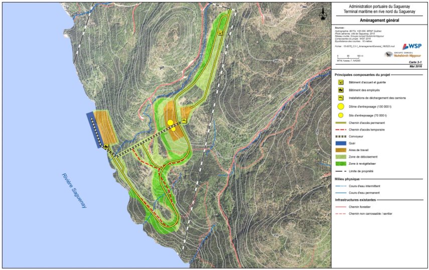 Figure 4: Principales composantes du projet de terminal, incluant les infrastructures liées au premier client (minière Arianne Phosphate)