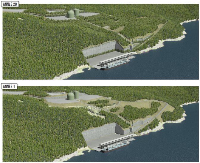 Figure 5: Image de synthèse présentant une vue aérienne du projet de terminal en phase d'exploitation et d'entretien avec les infrastructures du premier client confirmé (minière Arianne Phosphate)