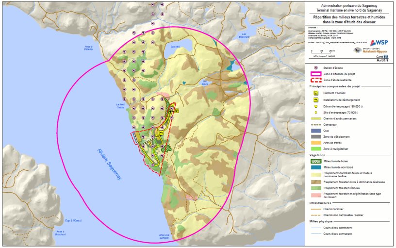 Figure 12: Répartition des milieux terrestres et humides dans la zone d'influence du projet pour les oiseaux