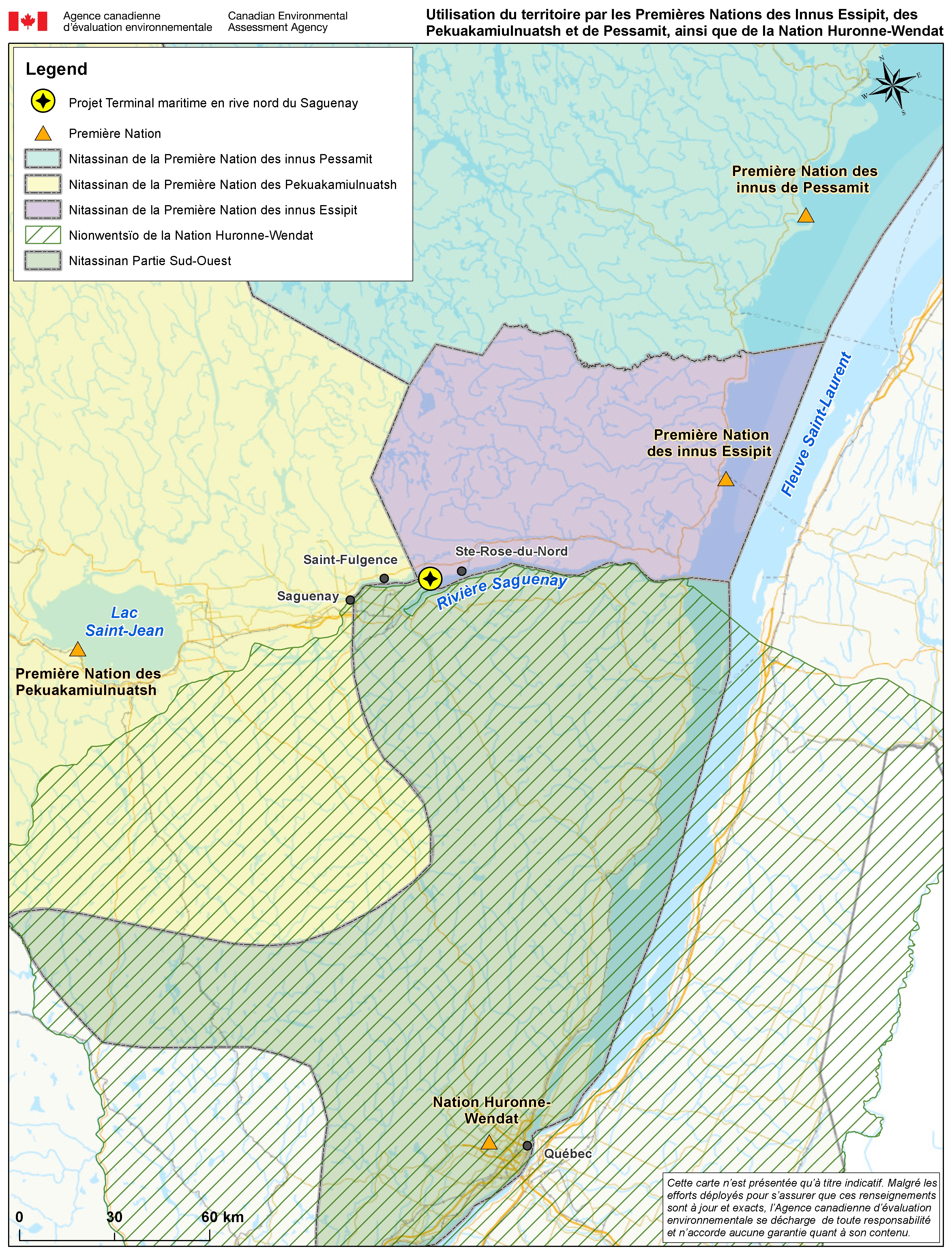 Figure 13: Utilisation du territoire par les Premières Nations des Innus Essipit, des Pekuakamiulnuatsh et de Pessamit et de la Nation huronne-wendat à proximité du site du projet.