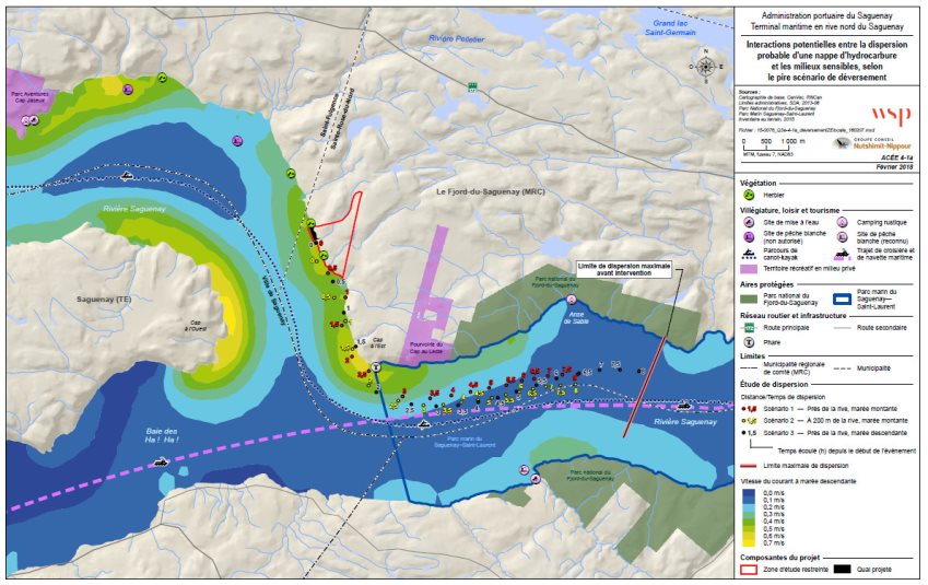 Figure 18: Interactions potentielles entre la dispersion d'une nappe d'hydrocarbure et les milieux sensibles, selon le pire scénario de déversement