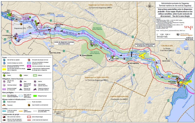 Figure 19: Interactions potentielles entre la dispersion d'une nappe d'hydrocarbure et les milieux sensibles, selon le pire scénario de déversement - zone d'étude élargie