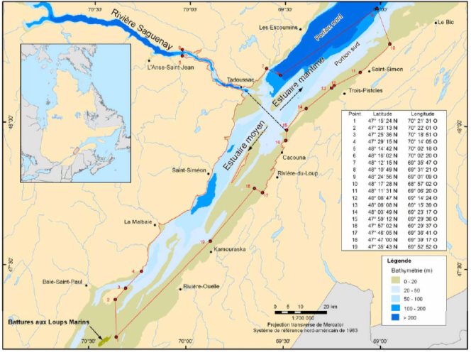 Figure 20: Limites de l'habitat essentiel du béluga du Saint-Laurent (trait relié par les points).