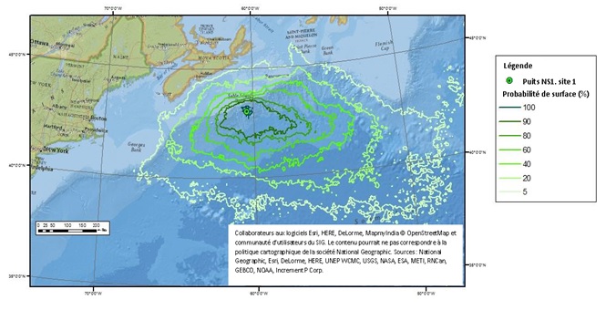 Figure 7: Probabilités de mazoutage en surface causé par une éruption excédant le seuil d'épaisseur sans atténuation (été) d'une durée de 30 jours au site visé par la modélisation 1
