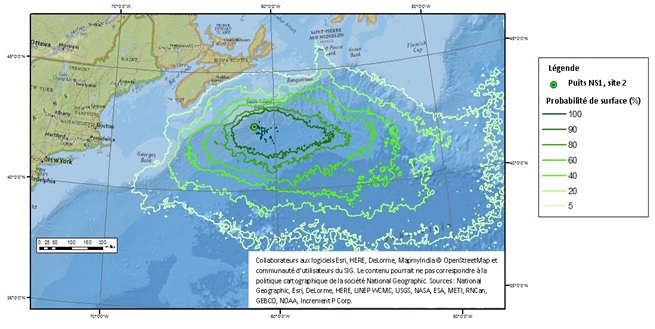 Figure 8: Probabilités de mazoutage en surface causé par une éruption excédant le seuil d'épaisseur sans atténuation (été) d'une durée de 30 jours au site visé par la modélisation 2