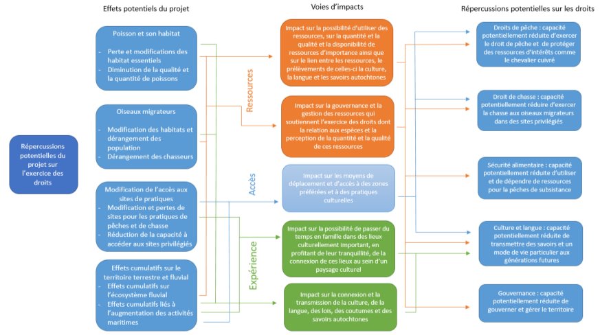 Figure 19 : Représentation schématique des voies de répercussions potentielles du projet sur les droits des Premières Nations ayant participé à l'évaluation environnementale