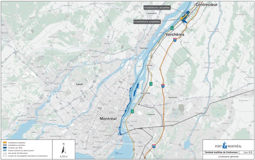 Figure 1: The Proponent proposes the construction of a container port terminal approximately 40 kilometres downstream from Montreal.