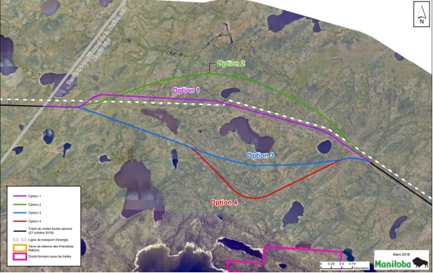 Figure 7 : Options de tracé envisagées pour le tronçon routier près de la Nation crie Manto Sipi