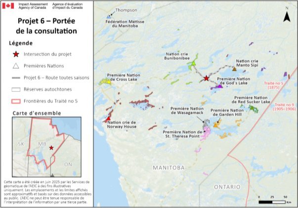 Figure 9 : Emplacement des limites des traités, des limites administratives métisses et des terres de réserve des Premières Nations par rapport à l'emplacement du projet
