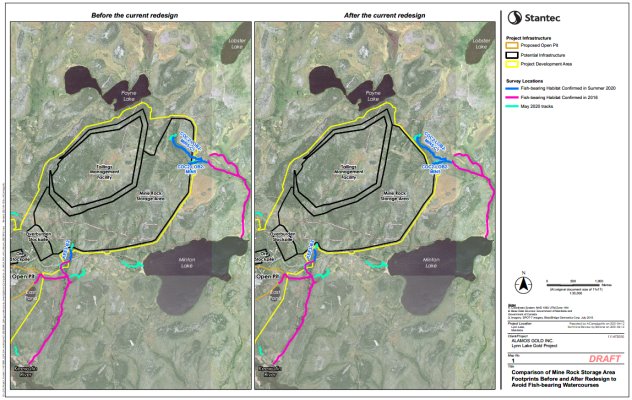Figure 5 Comparaison des empreintes de l'aire d'entreposage de roches de mine au site MacLellan avant et après la reconception