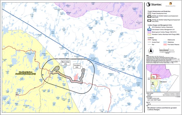 Figure 6 Aires de répartition du caribou boréal des gouvernements fédéral et provincial par rapport aux sites de Gordon et MacLellan