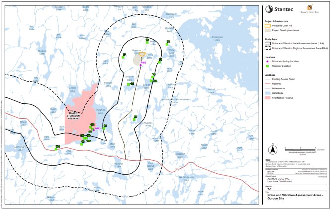 Figure B-2 Zones d'évaluation locale et régionale du bruit et des vibrations pour le site de Gordon