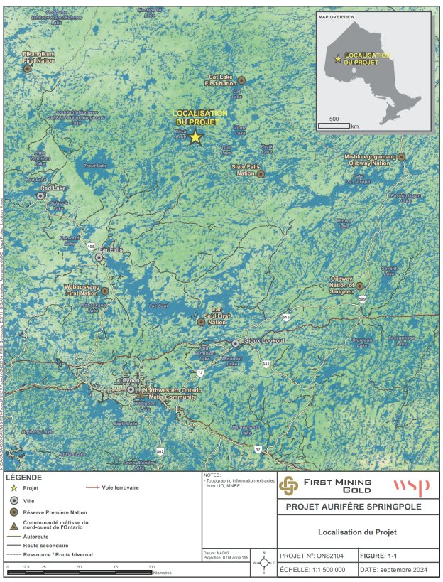 Le projet aurifère Springpole serait situé dans le nord-ouest de l'Ontario, entre le lac Birch et le lac Springpole. Les communautés autochtones voisines incluent la Première Nation Cat Lake, la Nation Slate Falls, la Nation Ojibway Mishkeegogamang, la Première Nation Wabauskang, la Première Nation Lac Seul et la communauté métisse du Nord-Ouest de l'Ontario. Les villes et municipalités voisines incluent Red Lake, Ear Falls, Sioux Lookout et Dryden.