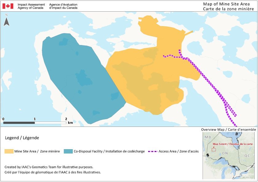 Carte montrant la zone du site minier avec deux zones principales: une installation de co-disposition en bleue et la zone minière en orange. Comprend une légende avec des codes de couleur pour la zone minière, la zone d'accès et la zone d'installation de co-disposition , ainsi qu'une petite carte d'ensemble de l'Ontario avec l'emplacement du projet mis en évidence.