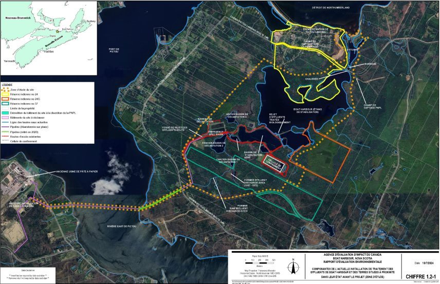 Une canalisation reliant l'ouest à l'est, partant de la propriété de l'usine de pâte à papier à l'ouest de la rivière East, passant sous la rivière East, jusqu'à l'installation de traitement des effluents. Les infrastructures connexes à l'installation de traitement des effluents sont illustrées. Les terres de réserve indienne sont situées directement à côté de l'étang de stabilisation de Boat Harbour, au nord et à l'est, et au sud de la cellule de confinement existante. Le détroit de Northumberland est situé au nord de l'installation de traitement des effluents.