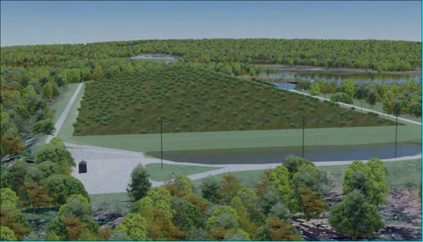 Digital rendering of the final containment cell, leachate pumping facility, stormwater management pond, and access road.