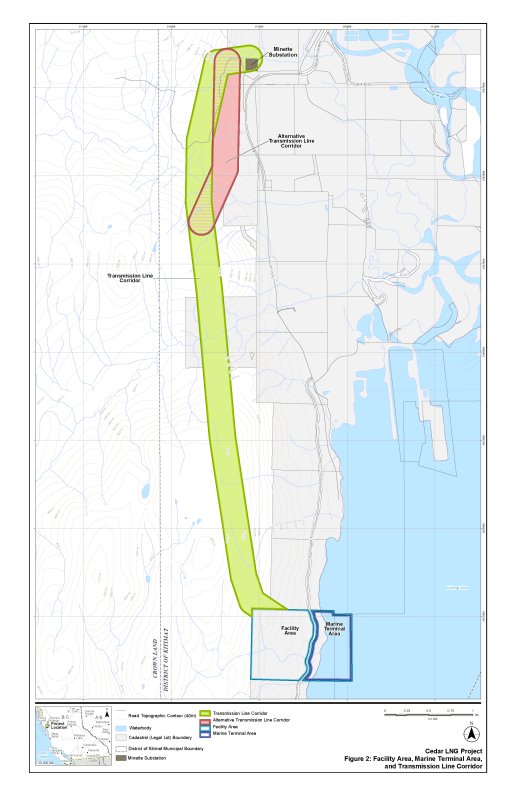 Figure 2 Zone de l'installation, zone du terminal maritime et corridor de la ligne de transport d'énergie