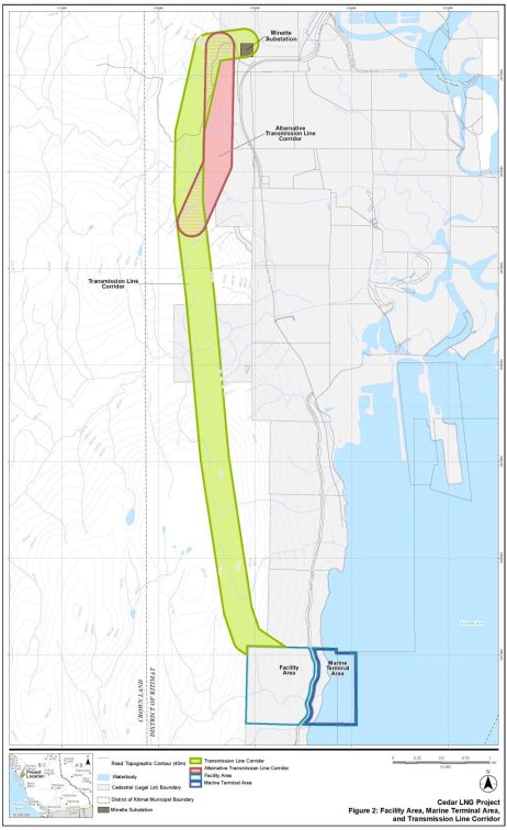 Figure 2 Zone de l'installation, zone du terminal maritime et corridor de la ligne de transport d'énergie