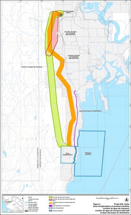 Figure 2 Zone d'implantation et terminal maritime, corridor de ligne de transport d'électricité, corridor de ligne de transport d'électricité alternatif et ligne de distribution électrique du projet de GNL Cedar