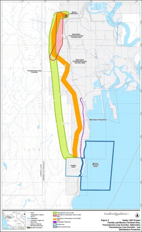 Figure 2 Cedar LNG Project Facility and Marine Terminal Area, Transmission Line Corridor, Alternative Transmission line Corridor and Distribution Powerline