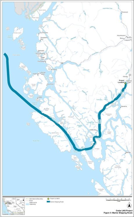 Le transport maritime du GNL se fera entre le terminal maritime et la station d'embarquement des pilotes à Triple Island.