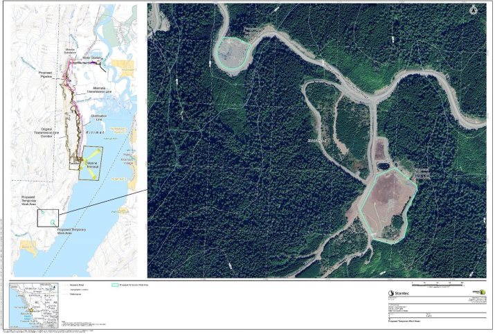 La construction nécessitera les composantes suivantes dans la zone de l'installation, le corridor de la ligne de transport d'électricité, la ligne de distribution électrique, sur des propriétés privées ou le long du chemin forestier Bish Creek, aux emplacements indiqués.