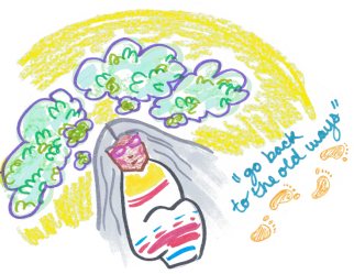 The hand drawn image is a graphic recording captured during RAWG meetings. It shows an Elder surrounded by peatlands, and reads "go back to the old ways" with foot prints underneath. It represents Edlers' knowledge.