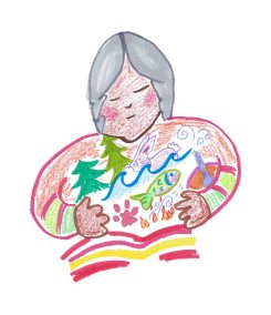 L'image dessinée à la main est un enregistrement graphique capturé lors des réunions du GTER. Elle montre une femme serrant dans ses bras des poissons, des arbres, des animaux sauvages, de l'eau et un esprit. Elle représente la gestion responsable et la préservation d'éléments importants de la spiritualité et de la nature.