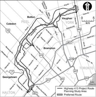 A map of the proposed highway route in Southern Ontario. The route begins in the northeast of the map at highway 400, goes generally to the southwest to highway 10, and then generally south to the interchange of highways 401 and 407.