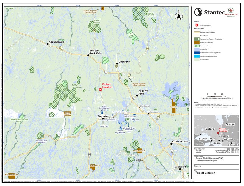 Le projet désigné concerne la construction, l'exploitation, la désaffectation et la fermeture d'une mine de nickel-cobalt à ciel ouvert et d'une usine métallurgique sur place, situées à environ 42 kilomètres au nord de Timmins, en Ontario.