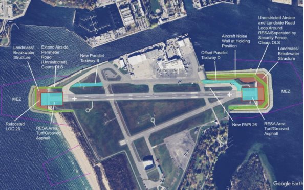 An aerial view of Billy Bishop Toronto City Airport and the proposed preferred design