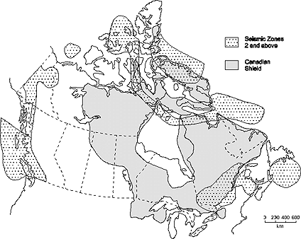 Figure 5 : Disponibilité éventuelle de sites au Canada (source : EACL, selon D-sélection, page 45) Zones d'exclusion proposées : zones sismiques 2 et plus bouclier Canadien